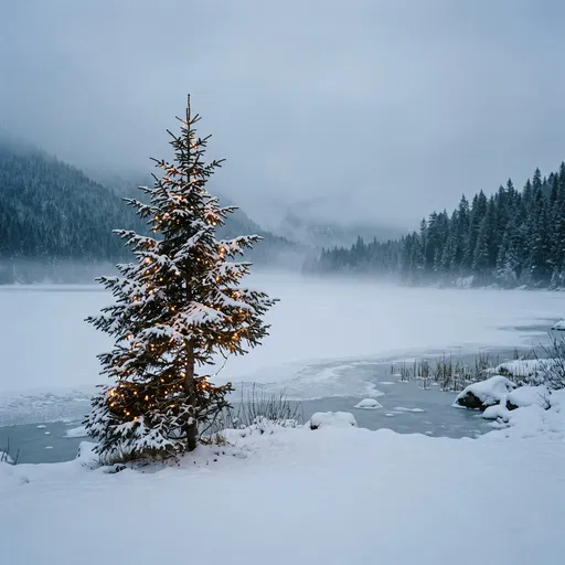 Lit Spruce Tree by Frozen Winter Lake