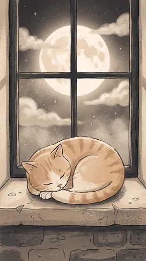 Ginger Cat Sleeping on Moonlit Windowsill