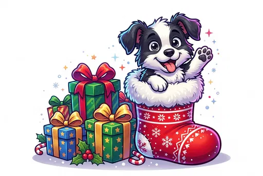 Cartoon Puppy in Christmas Stocking with Gifts