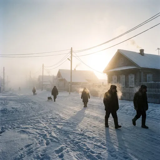 Foggy Winter Morning in Siberian Village