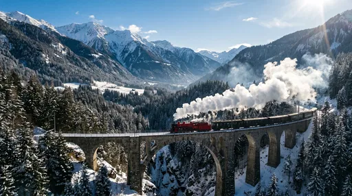 Scarlet Steam Train on Snowy Viaduct