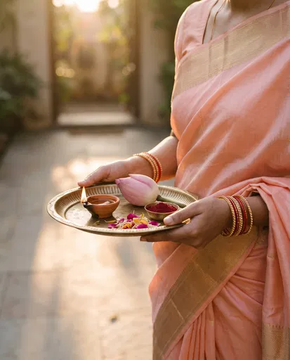 Woman Holding Traditional Brass Puja Thali