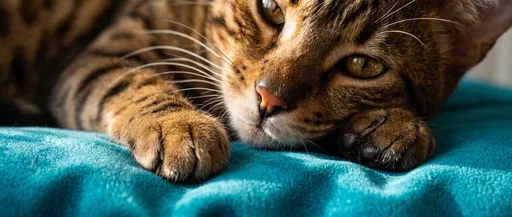Bengal Cat Resting on Turquoise Cushion