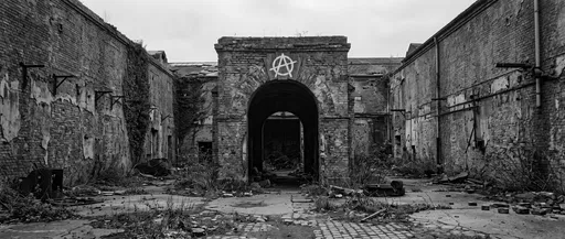 Abandoned Brick Courtyard With Anarchy Symbol