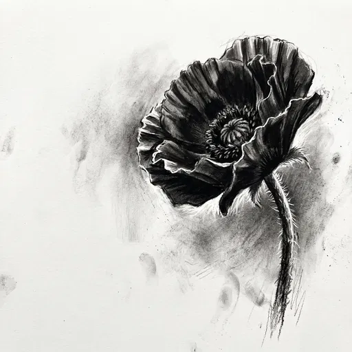 High Contrast Charcoal Drawing of Oriental Poppy