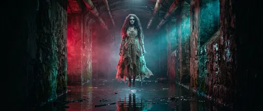 Ghostly Woman Levitating in Flooded Corridor