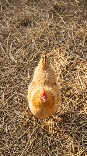 Overhead View of Buff Hen on Straw