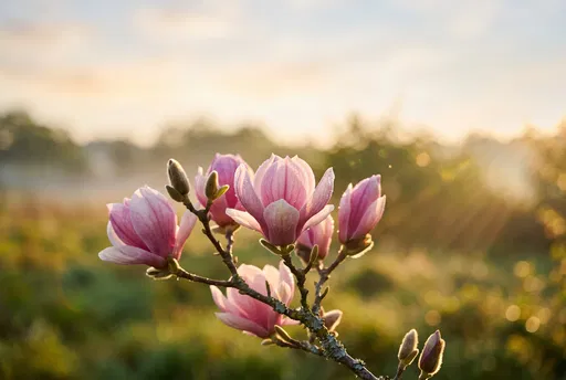 Blooming Pink Magnolia at Golden Hour