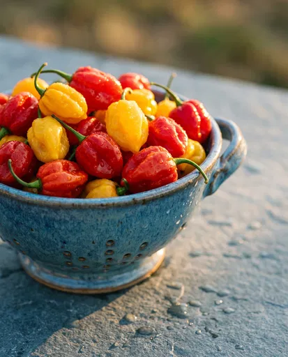 Fresh Red and Yellow Peppers in Colander