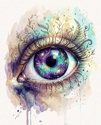Surreal Watercolor Eye With Galaxy Iris