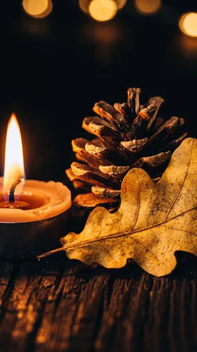 Autumn Candle With Pinecone and Oak Leaf