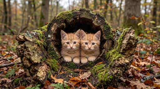 Twin Ginger Kittens in Hollow Mossy Log