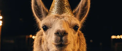 Llama Wearing Gold Party Hat at Night