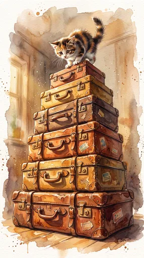 Calico Kitten on Vintage Suitcase Stack