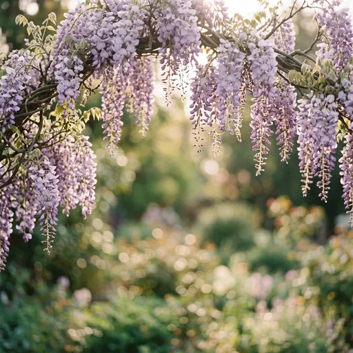 Blooming Purple Wisteria Vines in Sunlight