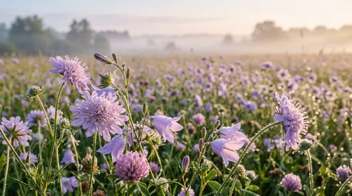 Dewy Lilac Wildflowers in Misty Morning Meadow