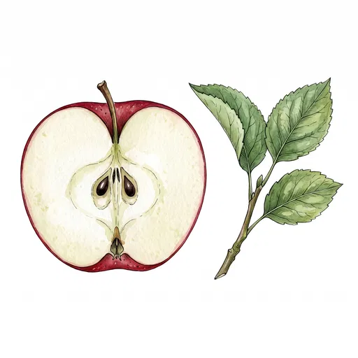 Watercolor Apple Half and Leafy Stem