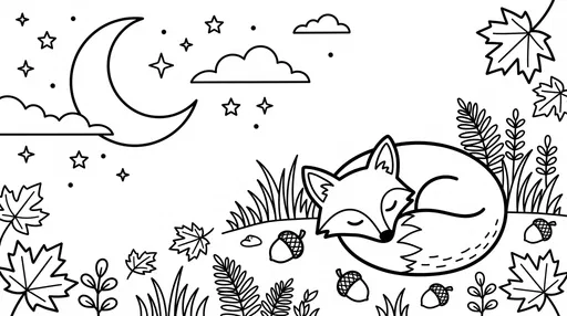 Sleeping Fox Autumn Night Coloring Page