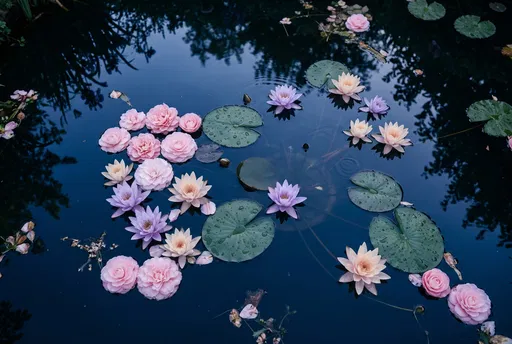 Pastel Water Lilies and Camellias on Pond