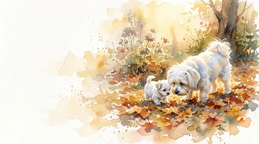 Watercolor Maltese Dog and Puppy in Autumn
