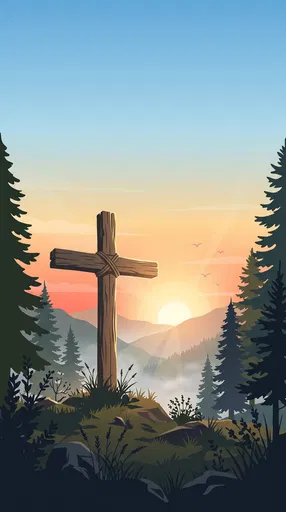 Wooden Cross on Hilltop at Sunrise