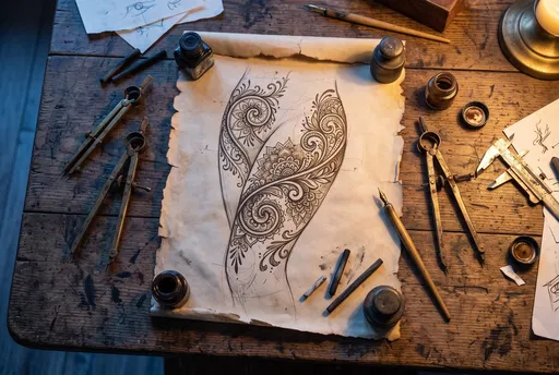 Ornamental Tattoo Sketch on Vintage Desk