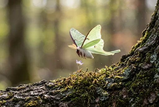 Luna Moth Flying Above Mossy Branch
