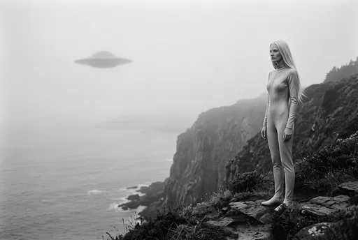 Monochrome Alien Woman on Coastal Cliff