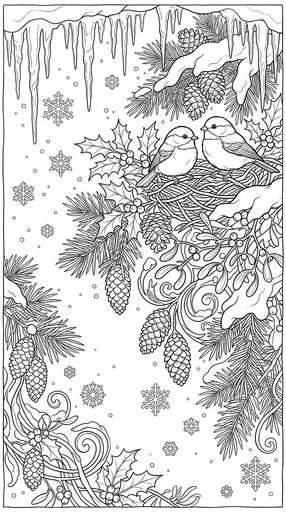 Winter Songbirds and Holly Coloring Page