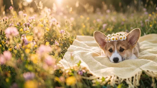 Corgi Puppy Wearing Daisy Crown in Meadow