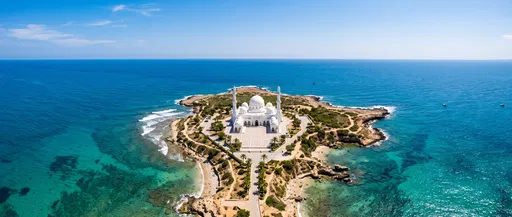 Aerial View of Coastal White Mosque