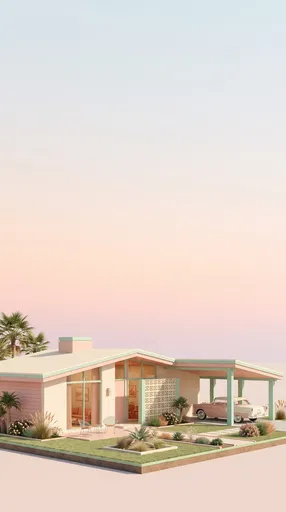 Pastel Mid-Century Ranch House 3D Render