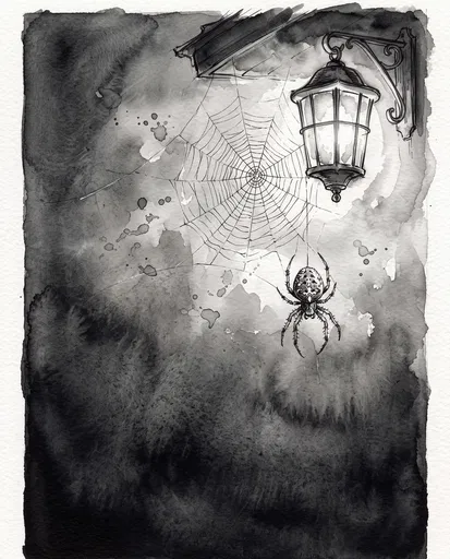 Monochrome Watercolor Spider Below Lantern