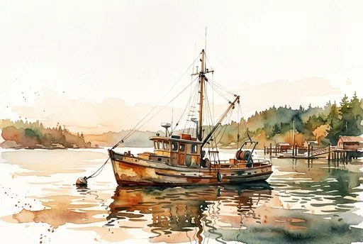 Watercolor Fishing Boat in Calm Harbor