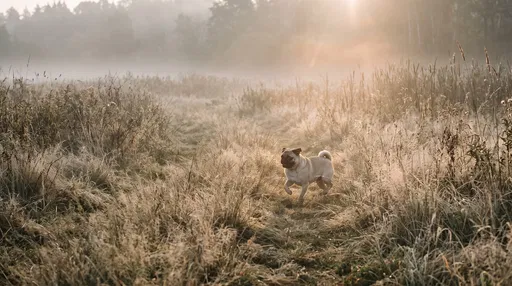 Fawn Pug Trotting in Misty Meadow