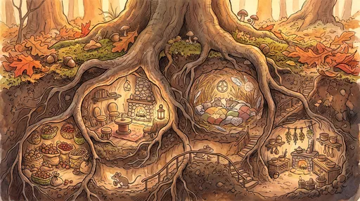 Cozy Autumn Mouse Burrow Cutaway Illustration