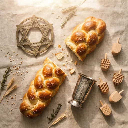 Challah and Jewish Symbols Flat Lay