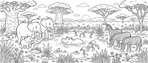 African Savanna Watering Hole Coloring Page