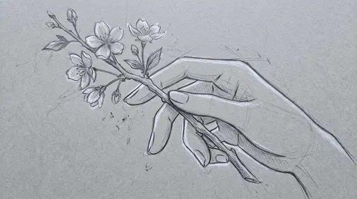 Sketch of Hand Holding Cherry Blossom