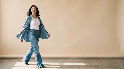 Woman in Denim Walking in Studio