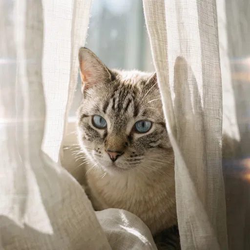 Lynx Point Siamese Cat Through Curtains