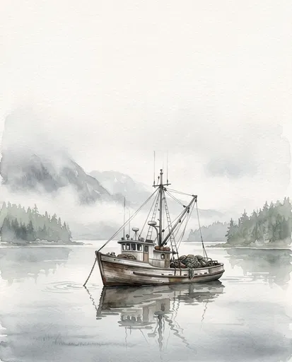 Watercolor Fishing Boat in Misty Bay