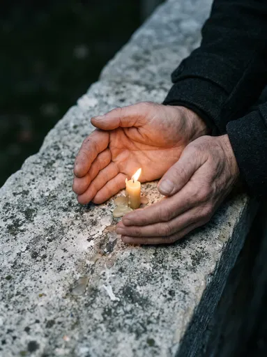 Hands Shielding Candle on Stone Ledge