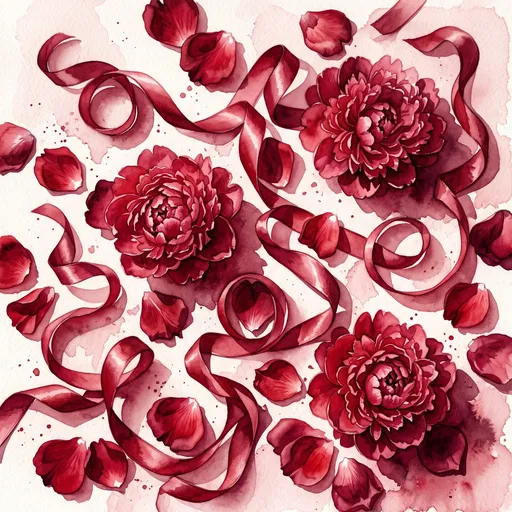 Crimson Watercolor Peonies and Ribbons