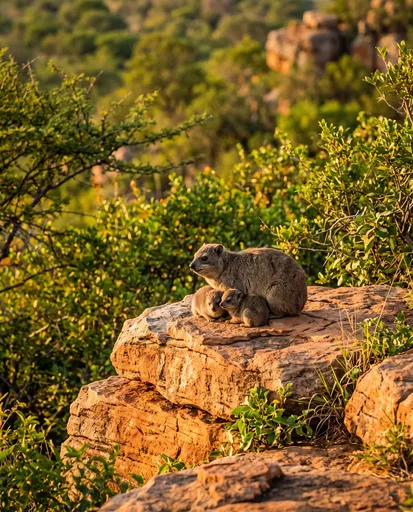 Mother Cape Hyrax and Pups on Ledge