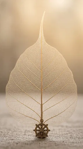 Skeletonized Bodhi Leaf with Brass Dharma Wheel