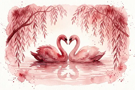Watercolor Swans Forming Heart on Pond