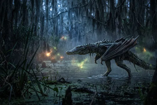 Crocodilian Swamp Wyvern Wading at Night