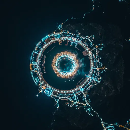 Aerial View of Circular Harbor Fireworks