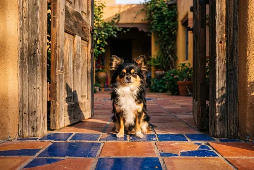 Tricolor Chihuahua Sitting in Rustic Doorway